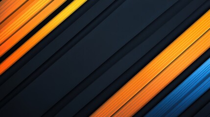 Obraz premium A vibrant abstract background featuring diagonal stripes in orange, yellow, and blue against a dark surface, Ideal for use in modern design projects, presentations, and tech-related visuals,