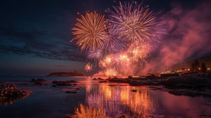 Fireworks exploding over the ocean reflecting in the water with city lights in the background creating a festive atmosphere