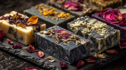 Handmade natural soap bars decorated with dried flowers on a dark slate board creating a luxurious and artisanal product