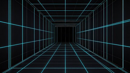 A futuristic corridor with glowing blue grid lines against a dark backdrop, ideal for technology-themed designs, digital interfaces, or creative projects, It evokes a sense of depth and innovation,