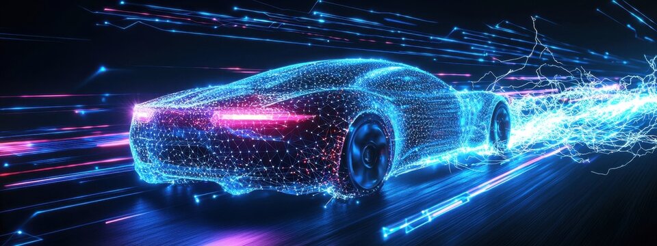 Futuristic car made of glowing light and digital data streams