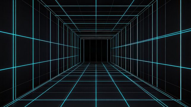 A futuristic corridor with glowing blue grid lines against a dark backdrop, ideal for technology-themed designs, digital interfaces, or creative projects, It evokes a sense of depth and innovation, - Powered by Adobe