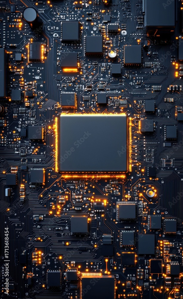 Poster close-up of a glowing computer circuit board and microchip