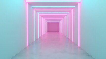 A futuristic hallway illuminated with vibrant pink and blue neon lights creates an inviting atmosphere, perfect for technology, architecture, or modern design concepts