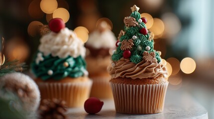 Christmas cupcakes, decorated with a Christmas theme. cake to celebrate a seasonal holiday.