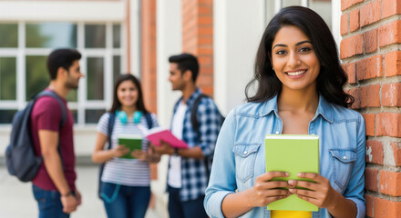 young indian female college student holding books standing at college campus