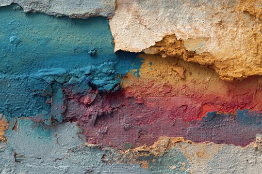 Textured, peeling paint on weathered wall with vibrant blue, pink, and yellow hues - Powered by Adobe