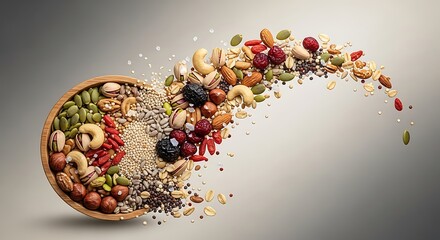 A dynamic swirl of mixed nuts, seeds, and dried berries spilling from a bowl