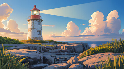 Coastal lighthouse beam illuminates ocean horizon at sunset image