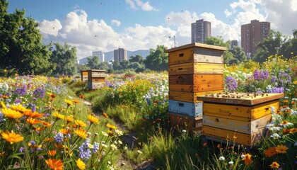 Obraz premium A vibrant meadow dotted with colorful beehives, bathed in sunlight, displays a peaceful urban oasis amidst modern structures.