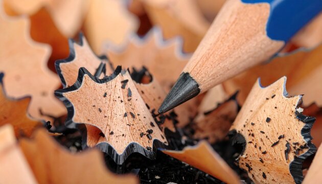 Macro photo of a sharpened blue pencil tip and wood shavings.
