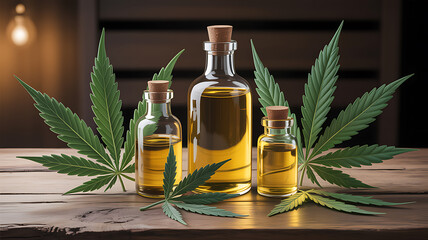 Glass bottles filled with golden liquid surrounded by green cannabis leaves hemp oil cork stoppers