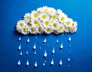 Creative concept of white daisy flowers arranged as a fluffy cloud with falling raindrops on a vibrant blue background, symbolizing spring freshness and nature&rsquo;s beauty.
