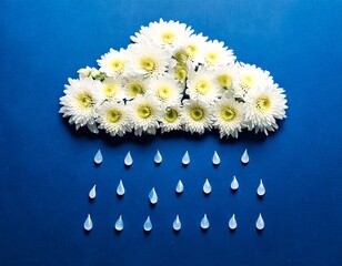 Creative concept of white daisy flowers arranged as a fluffy cloud with falling raindrops on a vibrant blue background, symbolizing spring freshness and nature&rsquo;s beauty.