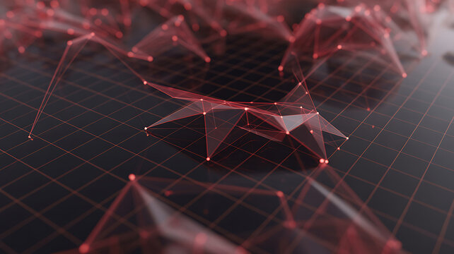 Glowing red geometric network connections on dark grid abstract technology