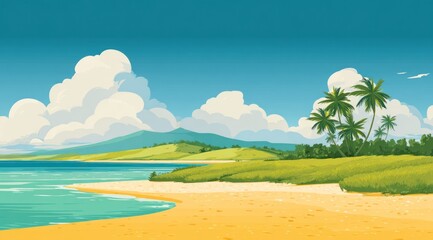 Obraz premium Idyllic tropical beach with golden sand, turquoise water, palm trees, and lush green vegetation under a clear blue sky