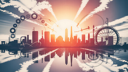 Industrial cityscape with gears and sunrise reflections image