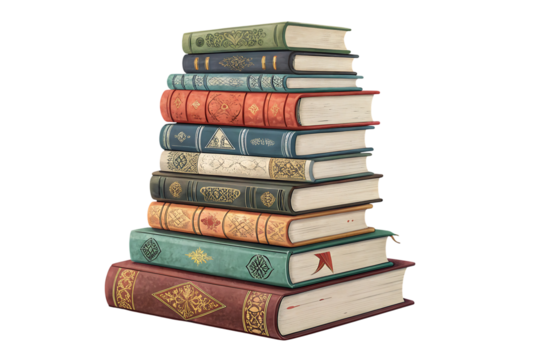 A tall stack of books grows