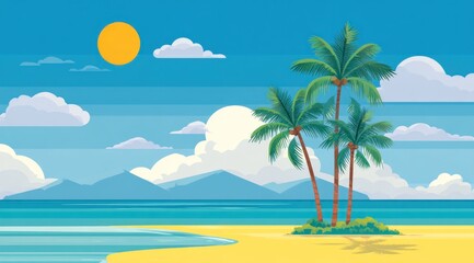 A beautiful tropical beach with palm trees, blue sky, white clouds, and a yellow sun creates a serene and relaxing atmosphere