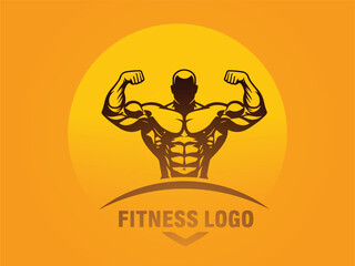 A stylized illustration of a muscular bodybuilder flexing his biceps, set against a vibrant orange background with a sun-like circle.