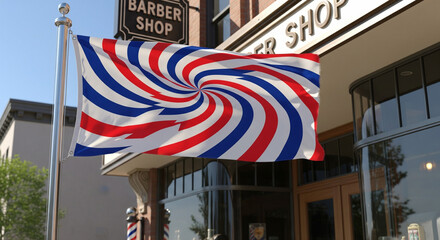 bendera barber shop klasik berbentuk panjang dengan motif spiral merah, putih, dan biru, berkibar tertiup angin di depan toko barbershop bergaya retro, suasana siang cerah, detail realistis dengan tek
