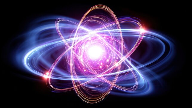 A stunning illustration of atomic particles surrounded by vibrant light trails and a glowing center, perfect for science-related projects, educational materials, or technology-focused content,