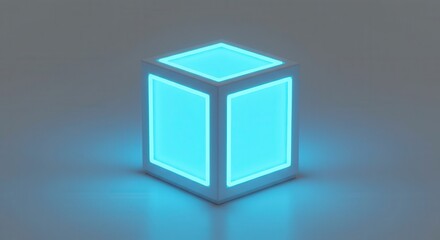 A glowing, light-blue cube with white frames sits on a neutral background, radiating a futuristic and minimalist aesthetic.