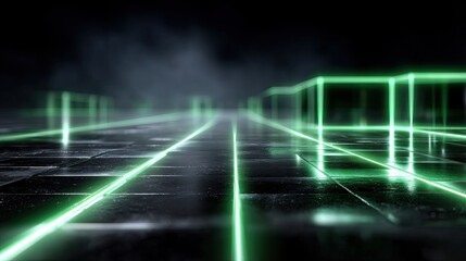 Abstract Green Laser Beams in Cinematic HDR Composition on Dark Background with Geometric Shapes and Reflective Surface