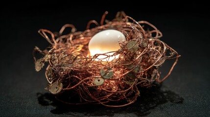 Closeup of a copper wire nest with a glowing white egg inside, creating a warm and inviting atmosphere on a dark background