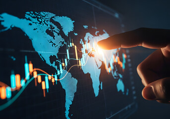 Closeup of a finger touching a digital world map with stock market charts, representing global finance, trading, and economic trends
