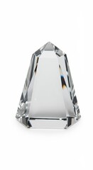 A multifaceted, clear crystal pyramid, showcasing a transparent and reflective design.