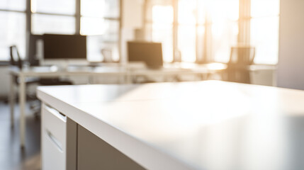 productive. Minimalist office desk bathed in morning sunlight, emphasizing a clean and productive workspace. lifestyle magazines.