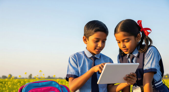 happy indian Village school students using tablet together