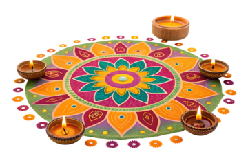 beautiful indian rangoli with oil lamps festive decoration inspiration