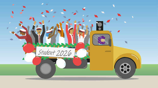 Young danish students celebrating graduation. End of the studies at Gymnasium. Traditional ride, dancing and screaming in the back of a truck bed. Vector Illustration