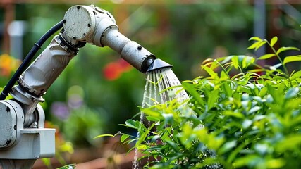 A futuristic robotic arm meticulously watering lush green plants in a garden, showcasing advancements in automated agricultural technology and sustainable farming practices for a greener future