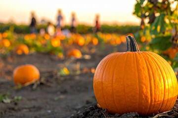 Pumpkin patch on sunny Autumn day. Selective focus.