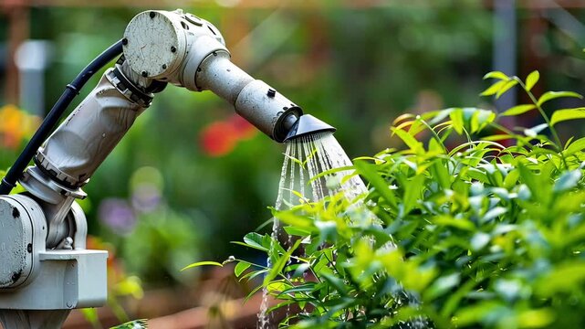 A futuristic robotic arm meticulously watering lush green plants in a garden, showcasing advancements in automated agricultural technology and sustainable farming practices for a greener future