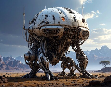 Futuristic robot in desert landscape