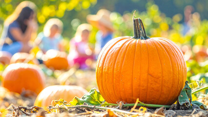 Pumpkin patch on sunny Autumn day. Close up of pumpkins.