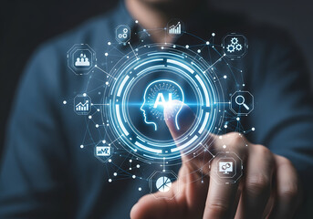 Businessman touching a glowing digital interface with ai symbol and network connections, representing artificial intelligence and technology