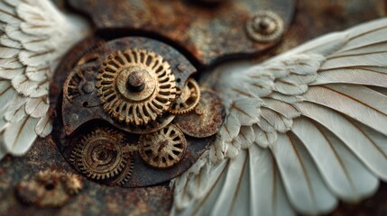 Closeup of a clockwork mechanism with bird wings, showcasing a blend of mechanical and organic elements
