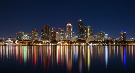 Fototapeta premium Main Subject: A vibrant city skyline at night, reflected in the water.Unique Features: The rich, deep blue of the night sky contrasts with the bright, multi-colored lights of the city buildings. The