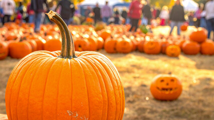 Pumpkin patch on sunny Autumn day. Close up of pumpkins.