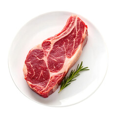 Obraz premium Raw Beef Ribeye Steak with Rosemary Garnish on White Plate Isolated meat