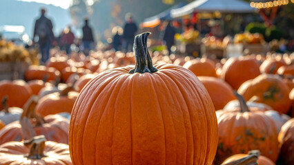 Pumpkin patch on sunny Autumn day with group of people in background