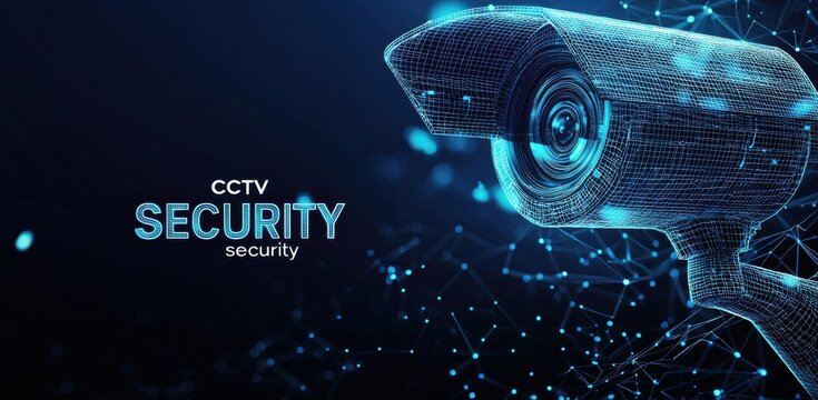 Futuristic digital security camera with networking symbols and text - Powered by Adobe