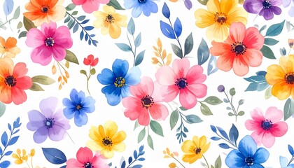 Fototapeta premium Vibrant Watercolor Floral Seamless Pattern with Colorful Flowers.