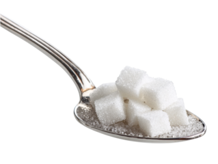 A spoonful of sugar cubes isolated on a white background