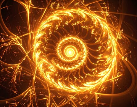 A vibrant, swirling vortex of golden light emanates from a central point, creating an intricate, fractal-like spiral pattern with energetic tendrils extendin...